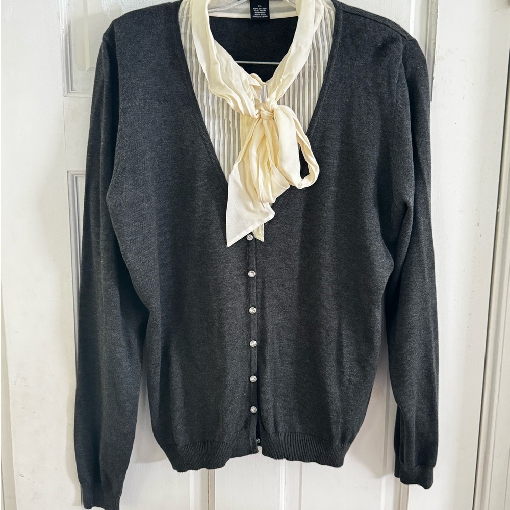 Grace Elements‎ Sz XL Cotton Silk Gray Bow Tie Cardigan Sweater Old Money Preppy